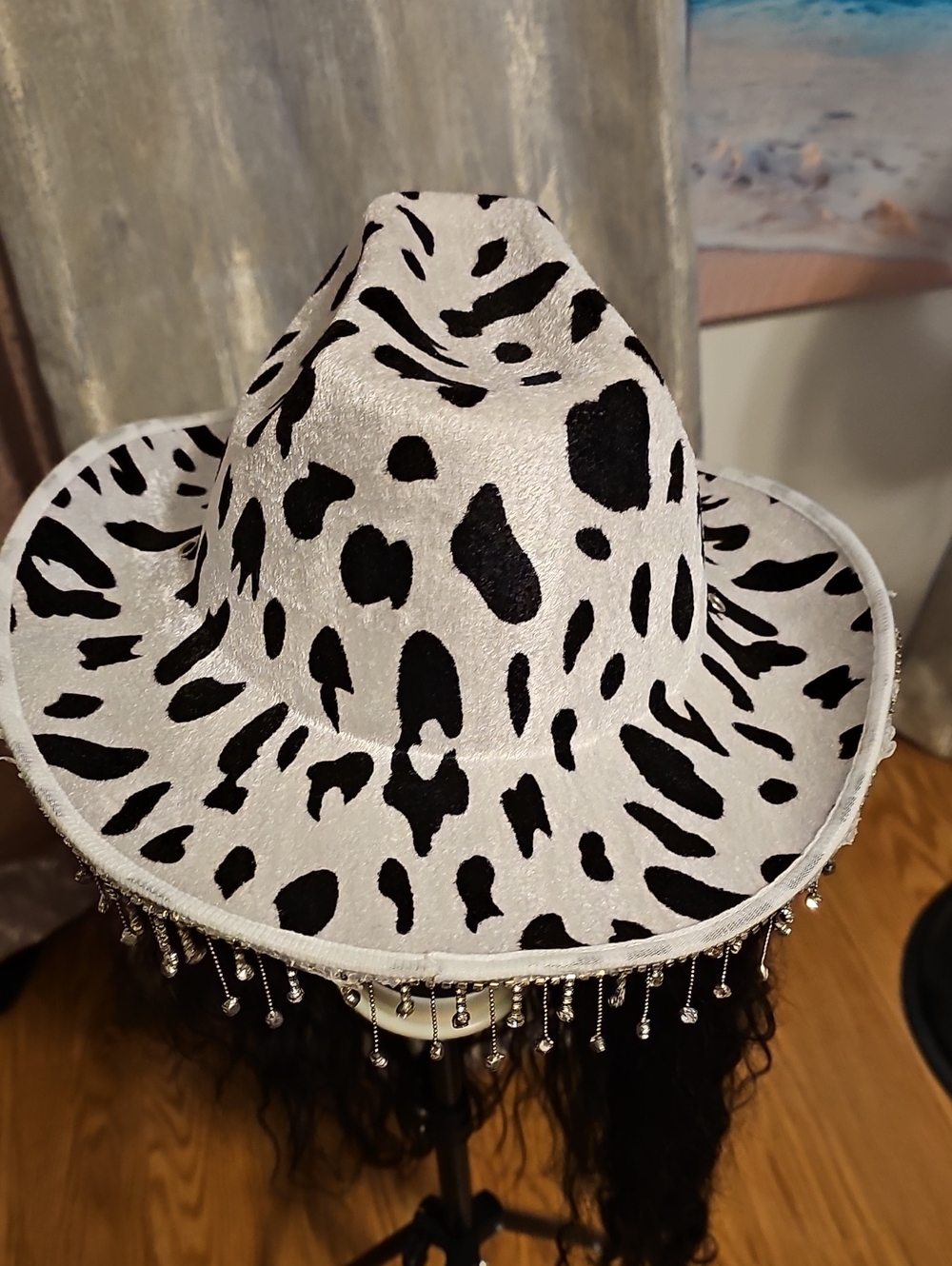 White and Black Cow Print Western Hat with Beaded Fringe
